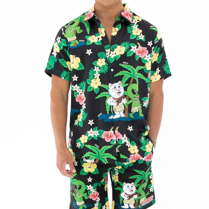 Black Ripndip Aloha Nerm Short Sleeve Button Up T Shirts | USAQZ2895