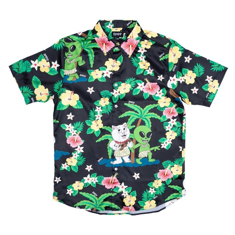 Black Ripndip Aloha Nerm Short Sleeve Button Up T Shirts | USAQZ2895