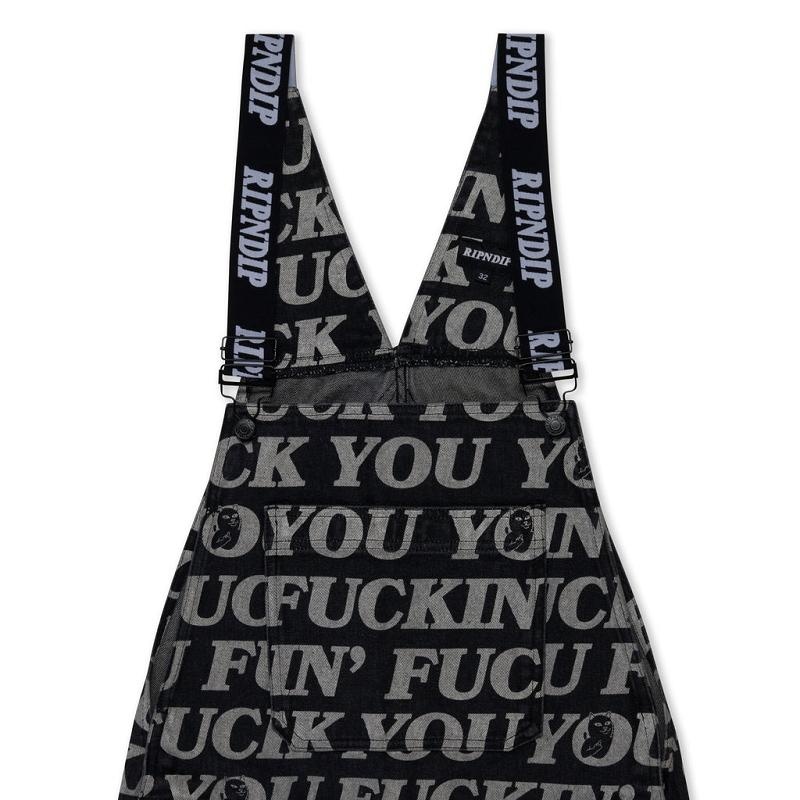 Black Ripndip Fuckin Fuck Denim Overalls Pants | USASO2627