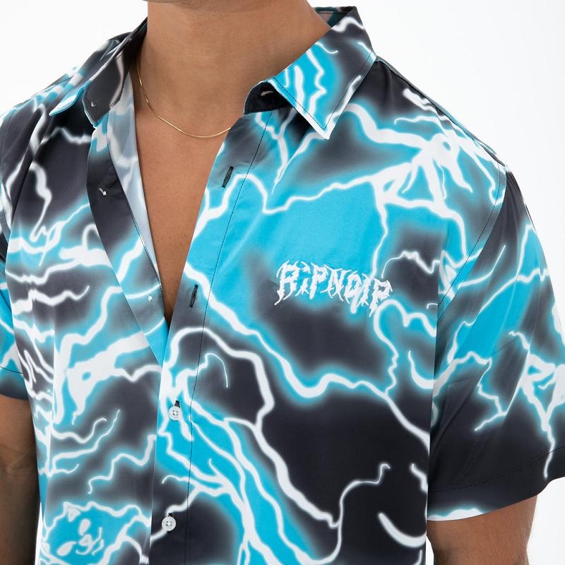 Black / Blue Ripndip Nikola Short Sleeve Button Up T Shirts | USAWY2894