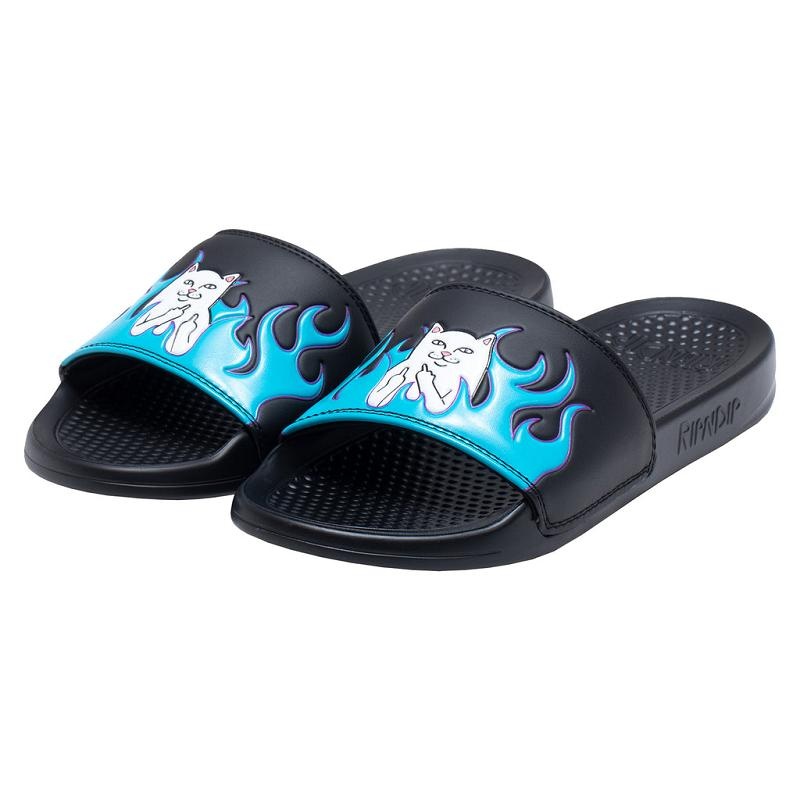 Black / Blue Ripndip Welcome To Heck Slides | USAPQ2984