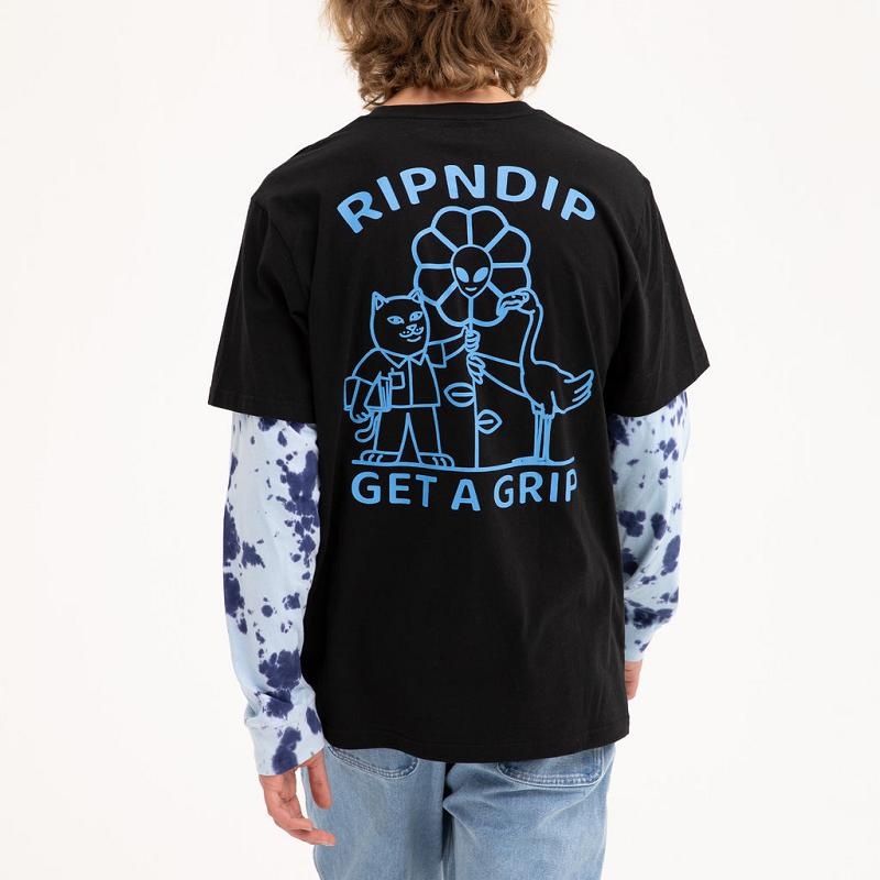 Black / Light Blue Ripndip Get A Grip Double Sleeve Tee Long Sleeve | USARW2556