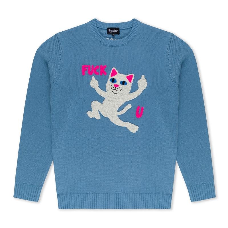 Blue Ripndip F U Knit Sweaters | USAMA2870