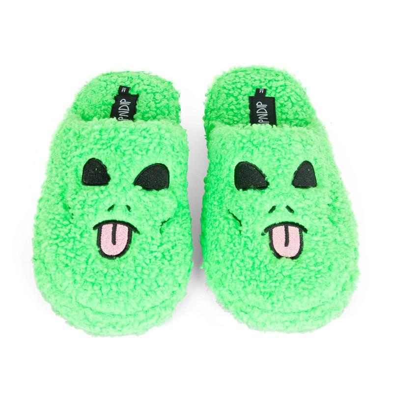 Green Ripndip Alien Face Fuzzy House Shoes | USAVD2970